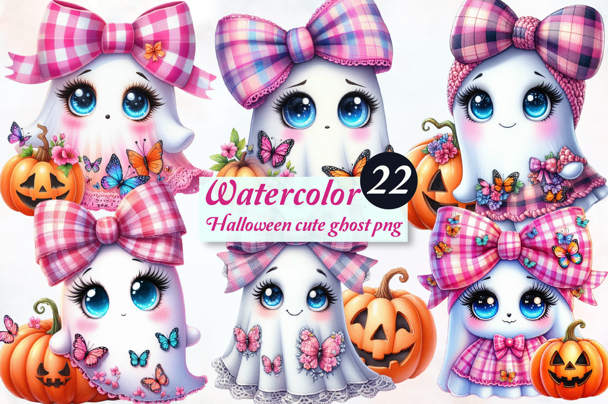 Halloween Cute Ghost PNG Bundle Pink Bow Ghost Watercolor Clipart