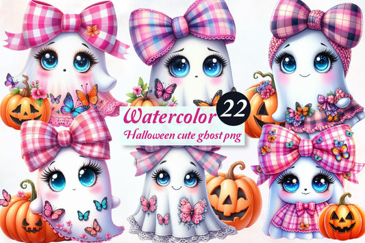 Halloween Cute Ghost PNG Bundle Pink Bow Ghost Watercolor Clipart