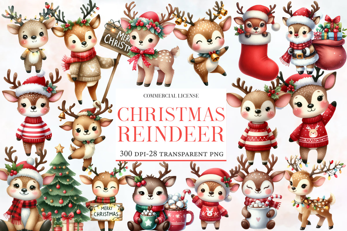 Christmas Reindeer Clipart PNG Bundle | Cute Reindeer, Santa Reindeer, Christmas Deer, Red Sweater & Holiday Reindeer