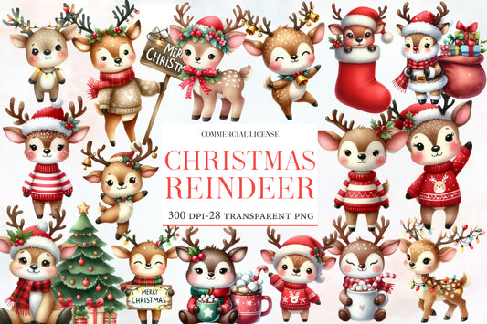 Christmas Reindeer Clipart PNG Bundle | Cute Reindeer, Santa Reindeer, Christmas Deer, Red Sweater & Holiday Reindeer