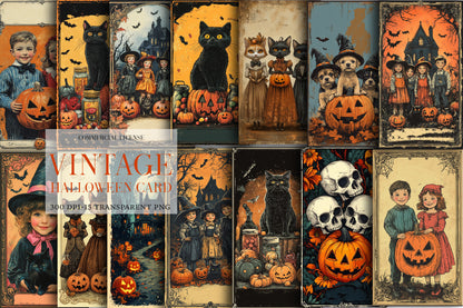 Vintage Halloween Card PNG Sublimation Bundle | Retro Halloween Cards, Pumpkin, Witch, Ghost & Black Cat Clipart