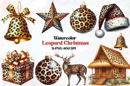 Watercolor Leopard Christmas Clipart PNG Bundle | Leopard Print Ornaments, Gift Box, Bells & Holiday Designs