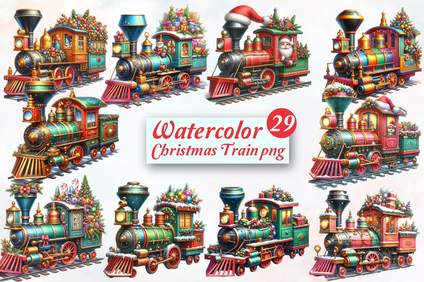 Watercolor Christmas Train PNG Bundle 29 Festive Train Clipart