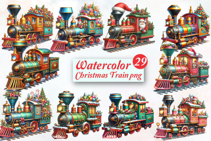 Watercolor Christmas Train PNG Bundle 29 Festive Train Clipart