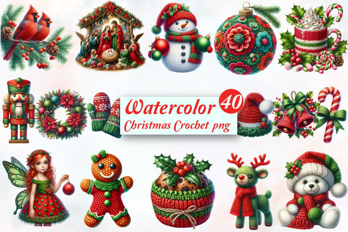 Watercolor Christmas Crochet PNG Bundle 40 Cozy Holiday Designs