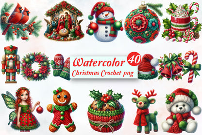Watercolor Christmas Crochet PNG Bundle 40 Cozy Holiday Designs