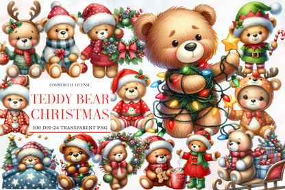 Teddy Bear Christmas Watercolor Clipart PNG Bundle | Christmas Teddy Bear PNG | Cute Bear Sublimation