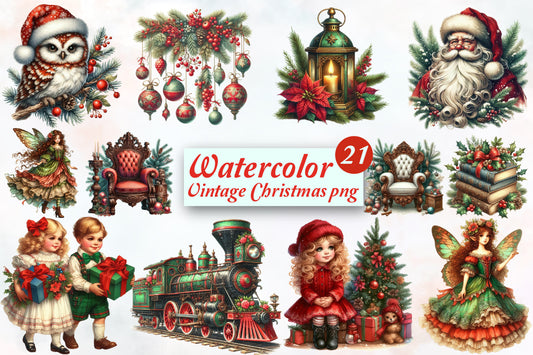 Watercolor Vintage Christmas PNG Bundle 21 Holiday Clipart Designs