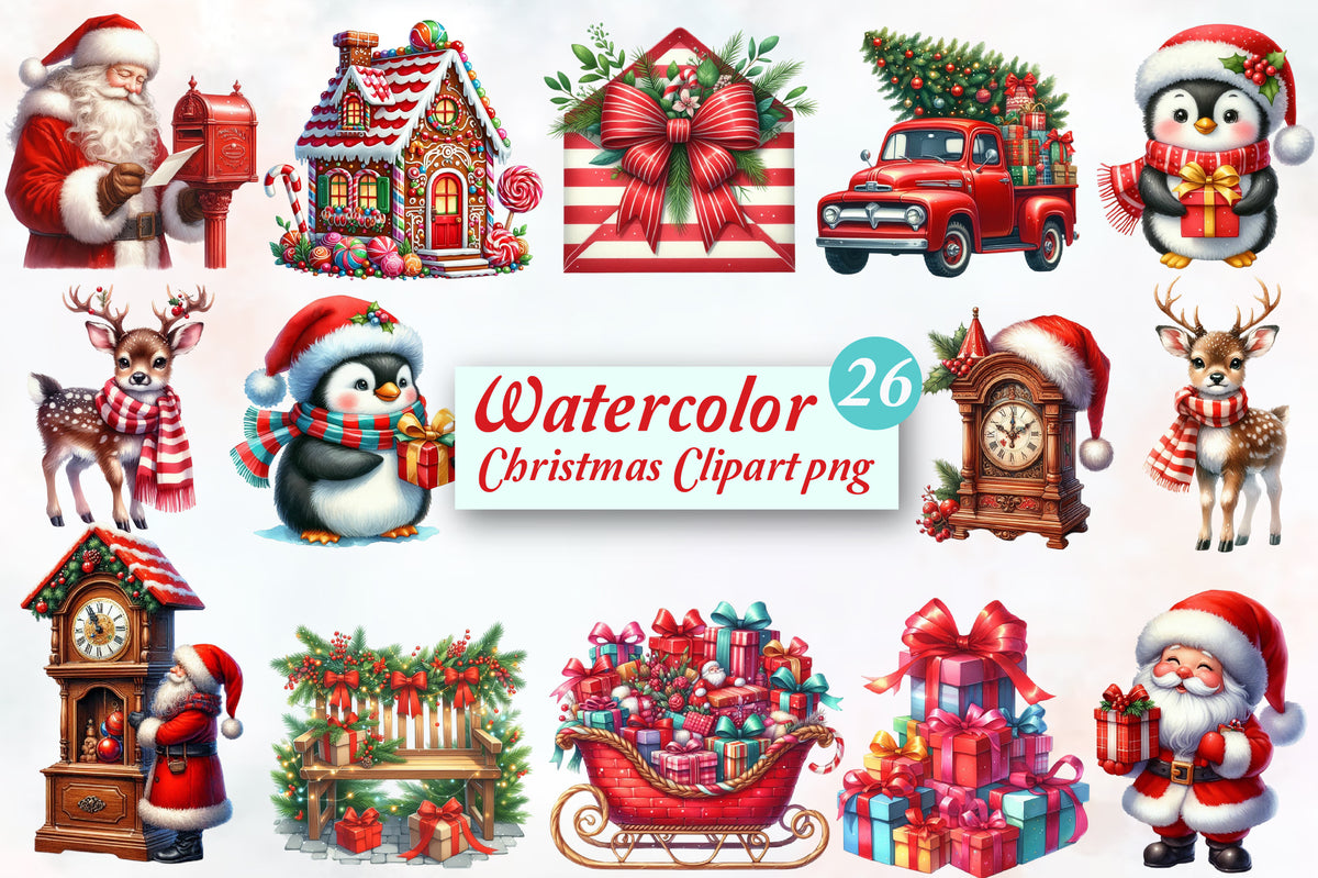 26 Christmas Pink PNG Clipart Bundle Watercolor Santa Bear Penguin Holiday