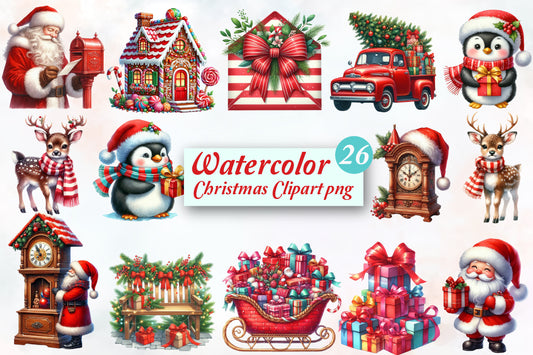 26 Christmas Pink PNG Clipart Bundle Watercolor Santa Bear Penguin Holiday
