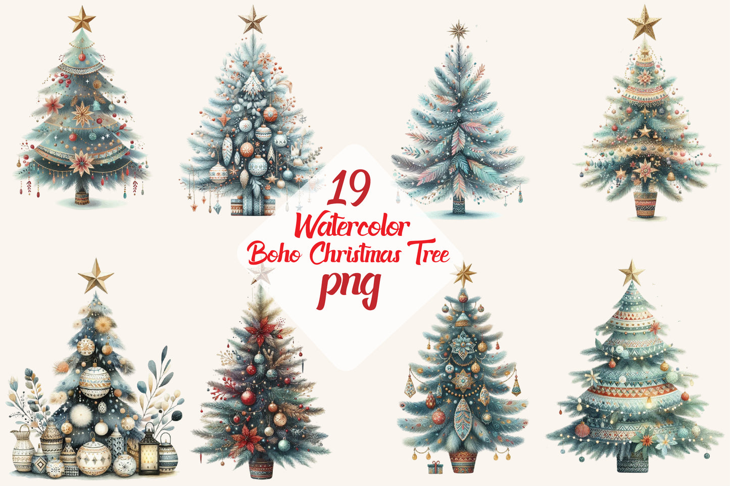 19 Watercolor Boho Christmas Tree PNG Holiday Tree Clipart