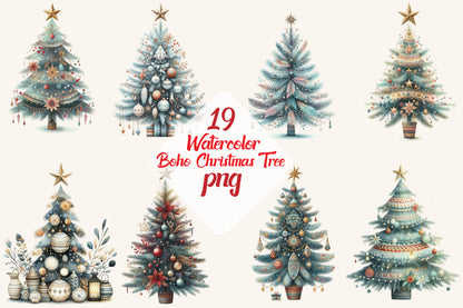 19 Watercolor Boho Christmas Tree PNG Holiday Tree Clipart