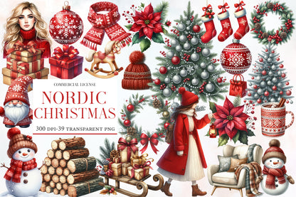 Nordic Christmas Clipart PNG Bundle | Scandinavian Christmas Watercolor Clipart | Red Christmas Sublimation PNG