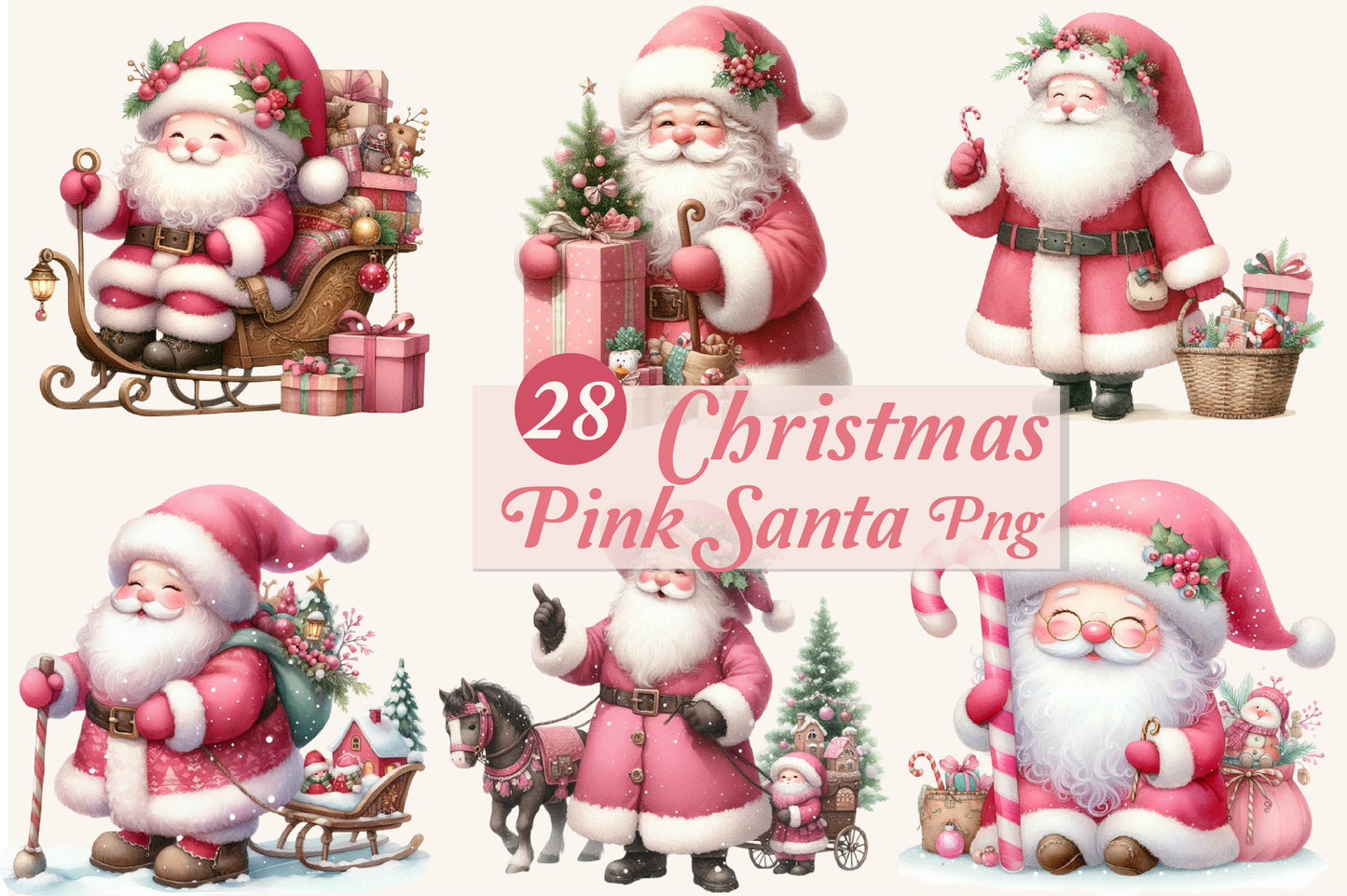 28 Christmas Pink Santa PNG Cute Pink Santa Claus Clipart