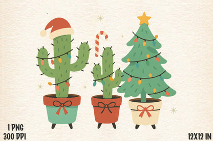 Cute Christmas Cactus PNG Holiday Christmas Tree Sublimation