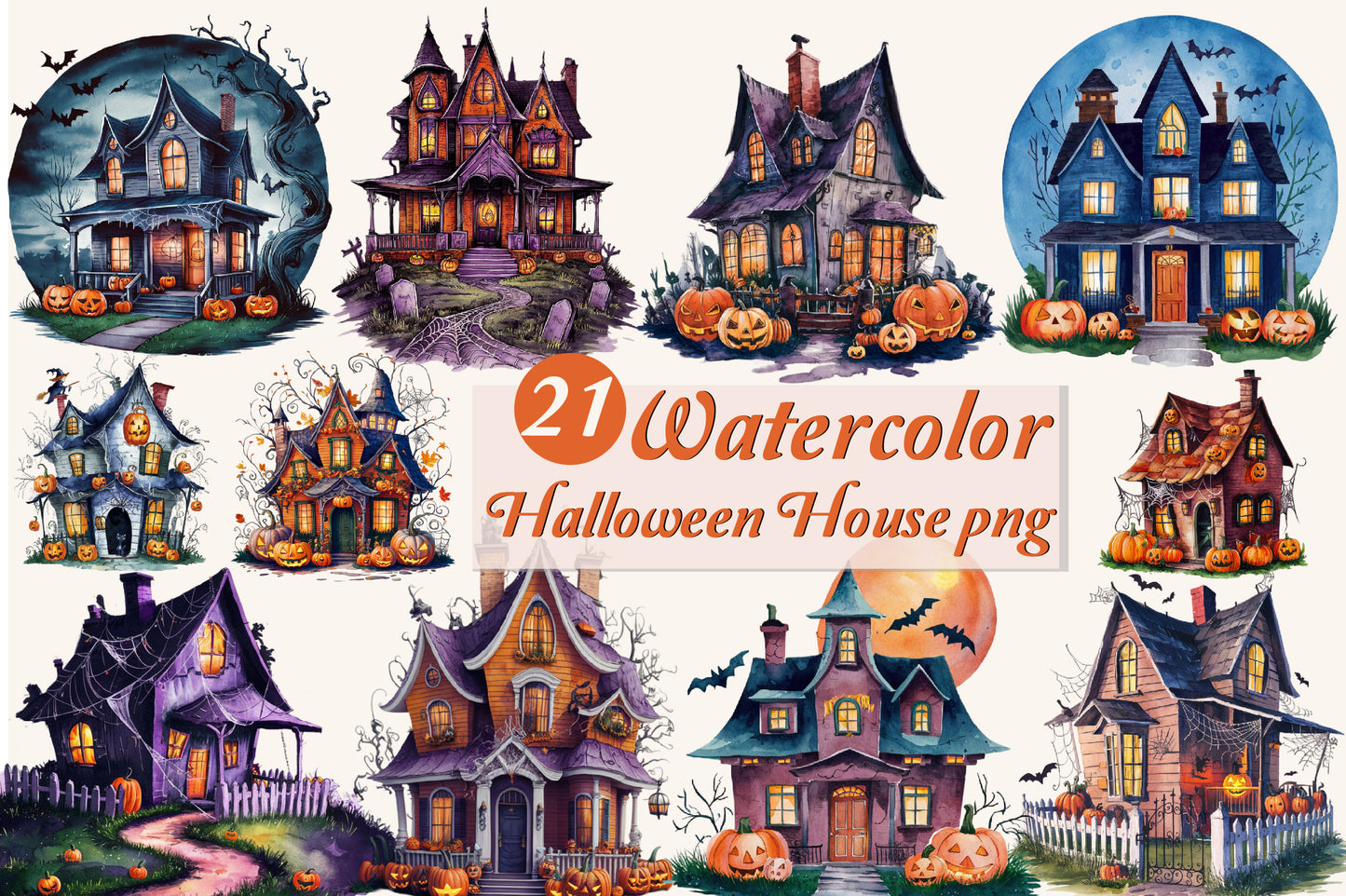 21 Watercolor Halloween Haunted House PNG Clipart Bundle Spooky
