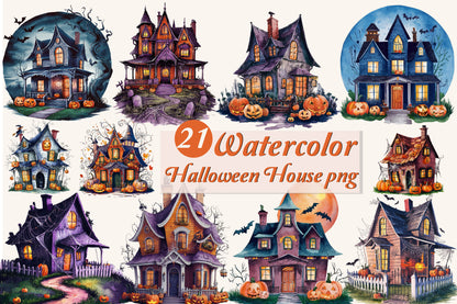 21 Watercolor Halloween Haunted House PNG Clipart Bundle Spooky