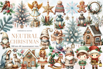 Watercolor Neutral Christmas Clipart PNG Bundle | Cozy Winter Christmas Clipart | Scandinavian Holiday PNG