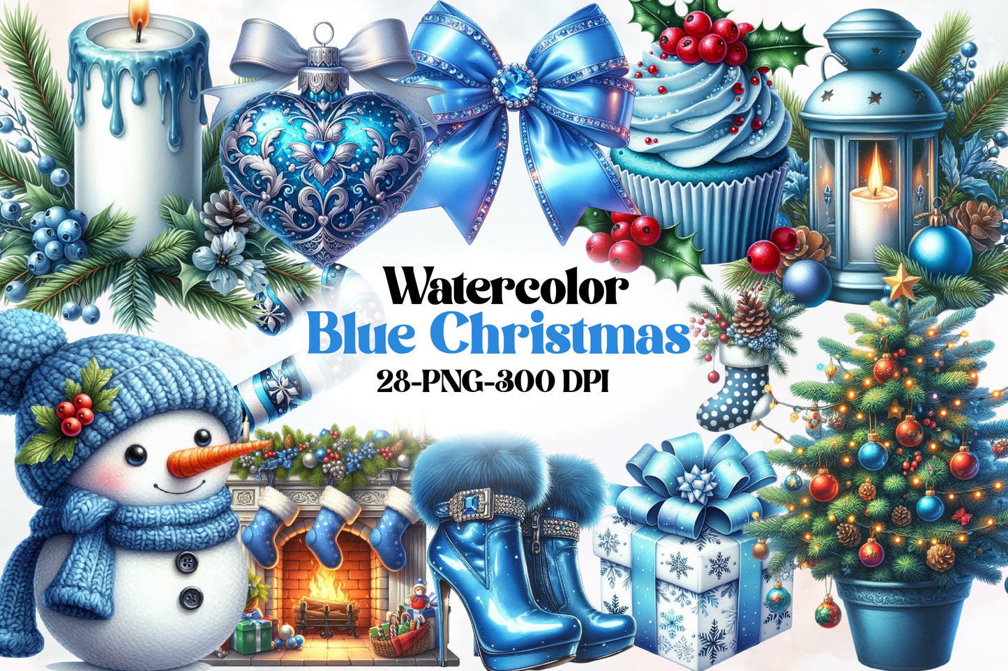Blue Christmas Clipart PNG Bundle | Blue Snowman, Ornaments, Boots, Cupcake, Gifts & Winter Holiday Designs