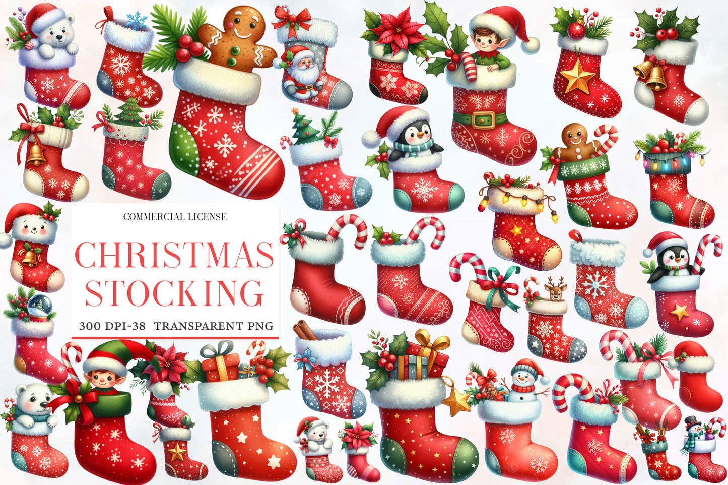 Christmas Stocking Sublimation Clipart PNG Bundle | Watercolor Christmas Stocking Clipart | Festive Holiday Stocking PNG