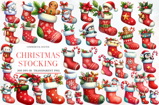 Christmas Stocking Sublimation Clipart PNG Bundle | Watercolor Christmas Stocking Clipart | Festive Holiday Stocking PNG