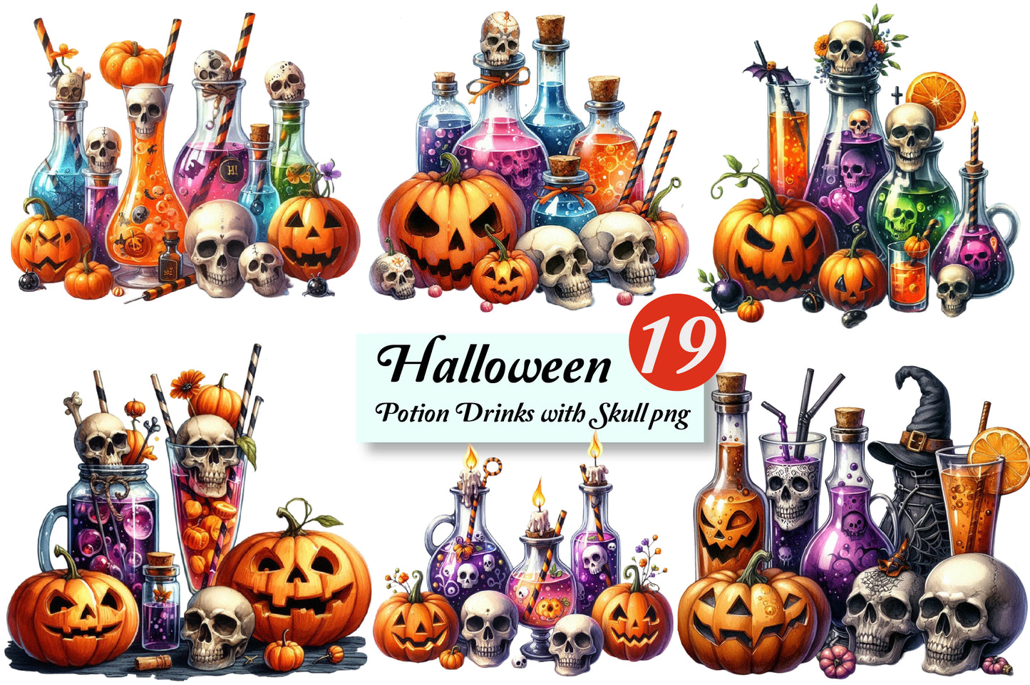 19 Halloween Potion Drinks with Skull PNG Bundle Watercolor Witch Potion Clipart