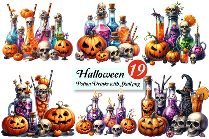 19 Halloween Potion Drinks with Skull PNG Bundle Watercolor Witch Potion Clipart