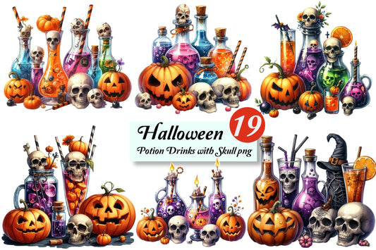 19 Halloween Potion Drinks with Skull PNG Bundle Watercolor Witch Potion Clipart