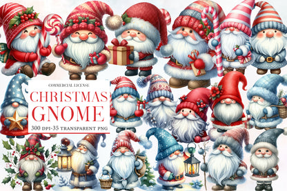 Christmas Gnome Clipart PNG Bundle | Watercolor Christmas Gnomes, Santa Hats, Candy Canes, Gifts & Winter Holiday Clipart