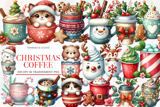 Christmas Coffee Clipart PNG Bundle | Cute Christmas Mugs, Hot Cocoa, Cats, Snowman, Reindeer, Gingerbread, Candy Cane & Holiday Drinks