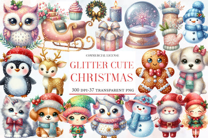 Glitter Cute Christmas Watercolor Clipart PNG Bundle | Cute Christmas PNG | Glitter Christmas Sublimation