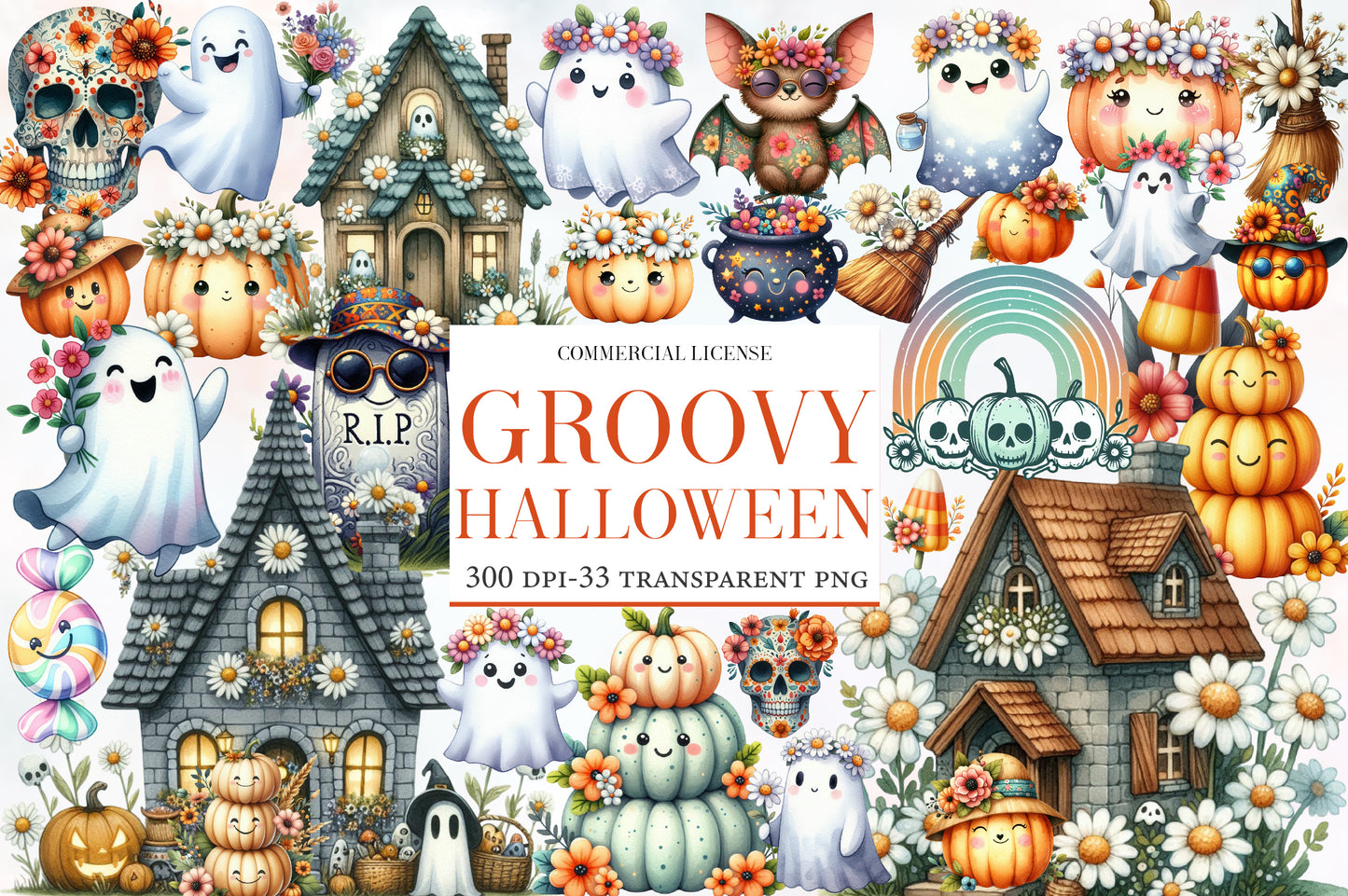 Groovy Halloween Clipart PNG Bundle | Cute Retro Halloween Clipart, Floral Ghost & Pumpkin PNG