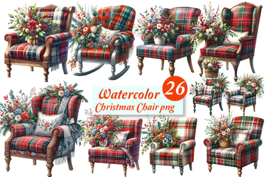 Christmas Chair PNG Clipart Bundle | Watercolor Plaid Christmas Chairs, Armchairs, Rocking Chair & Holiday Floral Decor