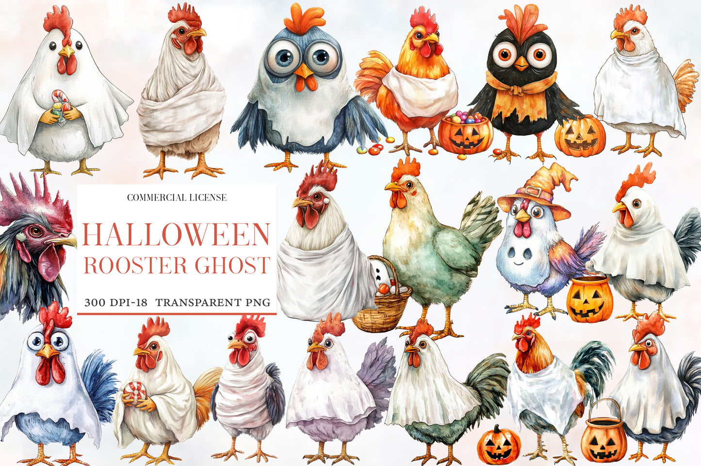 Halloween Rooster Ghost Clipart PNG | Ghost Chicken & Rooster Halloween Clipart, Spooky Farm Animal PNG