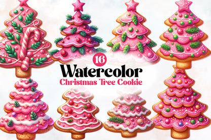 Watercolor Christmas Tree Cookie Clipart PNG Bundle | Cute Pink Christmas Cookie Designs