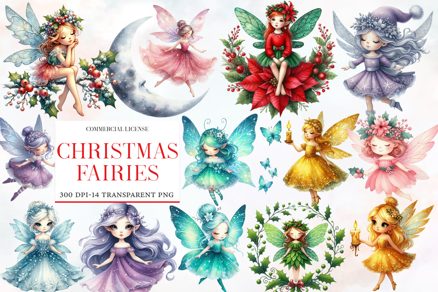 Christmas Fairies Clipart PNG Bundle | Watercolor Enchanted Christmas Fairy Clipart | Magical Holiday Sublimation PNG