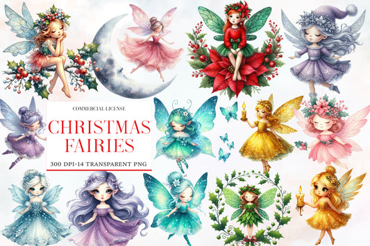 Christmas Fairies Clipart PNG Bundle | Watercolor Enchanted Christmas Fairy Clipart | Magical Holiday Sublimation PNG