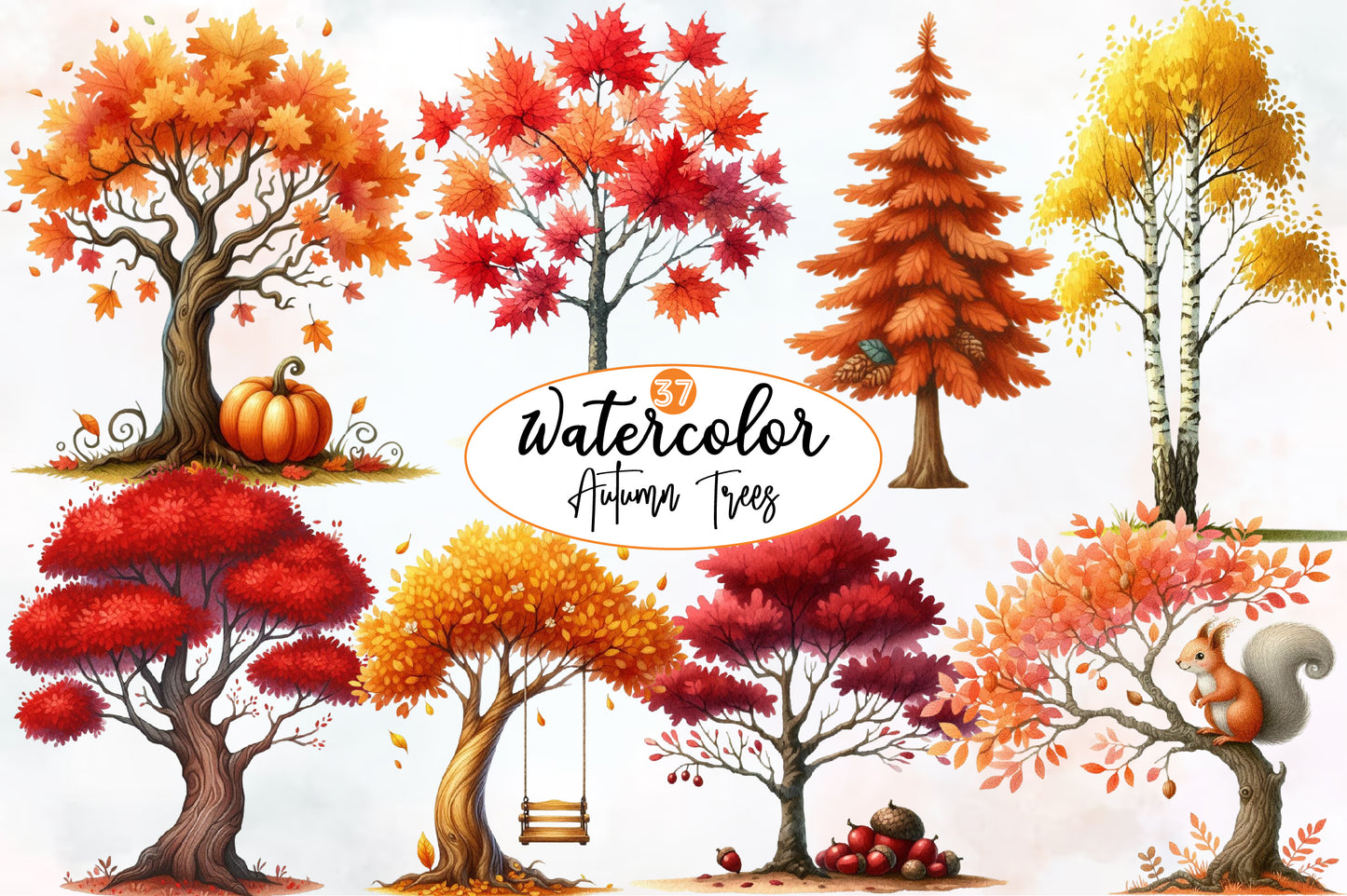 Watercolor Autumn Trees Clipart Bundle Fall Trees PNG Collection