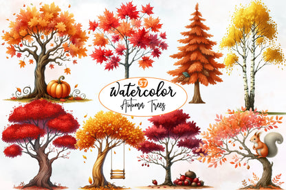 Watercolor Autumn Trees Clipart Bundle Fall Trees PNG Collection