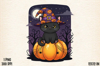Cute Black Cat Witch Halloween Pumpkin PNG