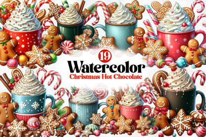 Watercolor Christmas Hot Chocolate Clipart PNG Bundle | Gingerbread & Candy Cane Cocoa Designs