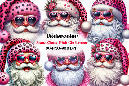 Santa Claus Pink Christmas Clipart PNG Bundle | Leopard Print Santa, Pink Christmas Santa & Heart Sunglasses