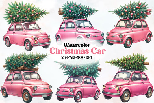 28 Christmas Car PNG Clipart Bundle Watercolor Pink Vintage Holiday Car Christmas Tree