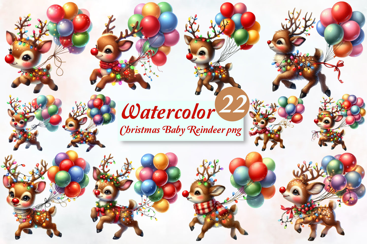 Christmas Baby Reindeer PNG Clipart Bundle | Watercolor Cute Reindeer with Christmas Lights & Balloons