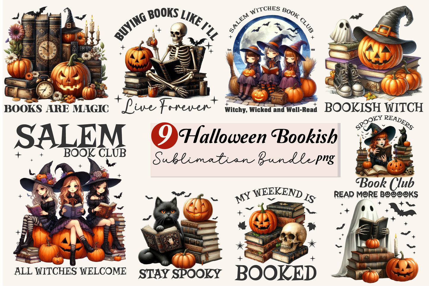 9 Halloween Bookish Sublimation PNG Bundle Witch Books Spooky Reader