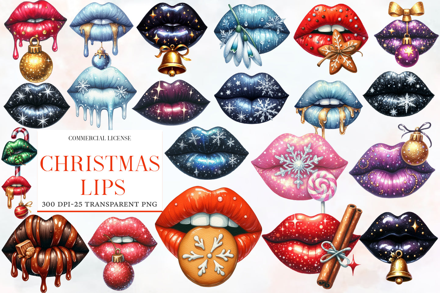 Christmas Lips Clipart PNG Bundle | Watercolor Festive Christmas Lips Clipart | Cute Holiday Lips Sublimation PNG