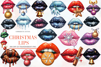 Christmas Lips Clipart PNG Bundle | Watercolor Festive Christmas Lips Clipart | Cute Holiday Lips Sublimation PNG