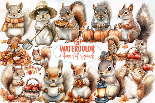 Watercolor Autumn Fall Squirrels Clipart Bundle Cute Woodland PNG