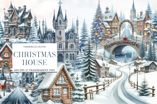 Christmas House Clipart PNG Bundle | Watercolor Cozy Christmas House Clipart | Holiday Cottage Sublimation PNG