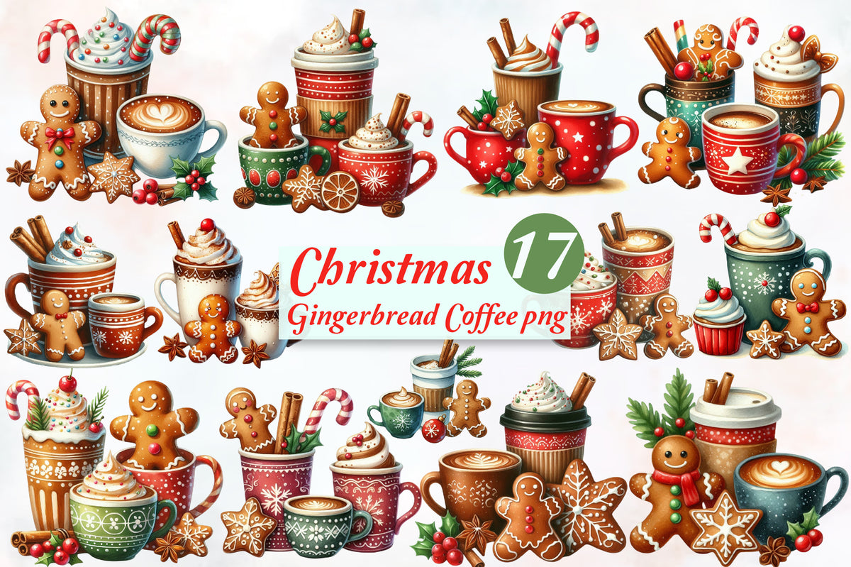17 Christmas Gingerbread Coffee PNG Clipart Bundle Watercolor Holiday Coffee